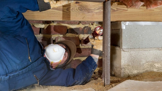 Technician examines a crawl space for termites